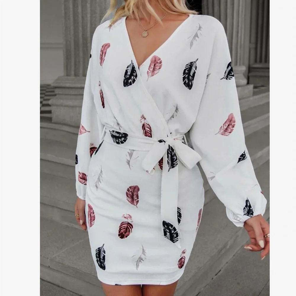 Elegant Feather Print Surplice Neck Long Sleeve Belted Dress - Picture 5 of 5
